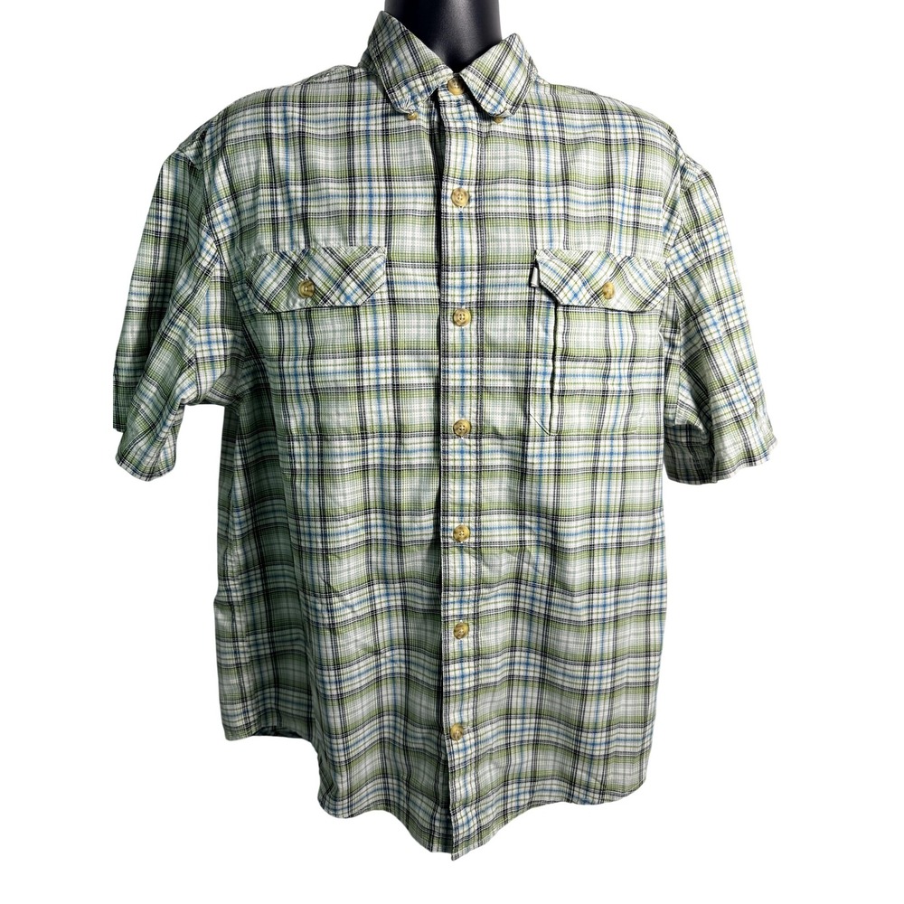 Duluth Trading Co Shirt Mens Large Green‎ Plaid Short Sleeve Button Front